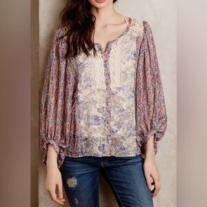 HD in Paris by Anthropologie Chinoiserie Peasant Blouse Top Blouson Sleeve XS